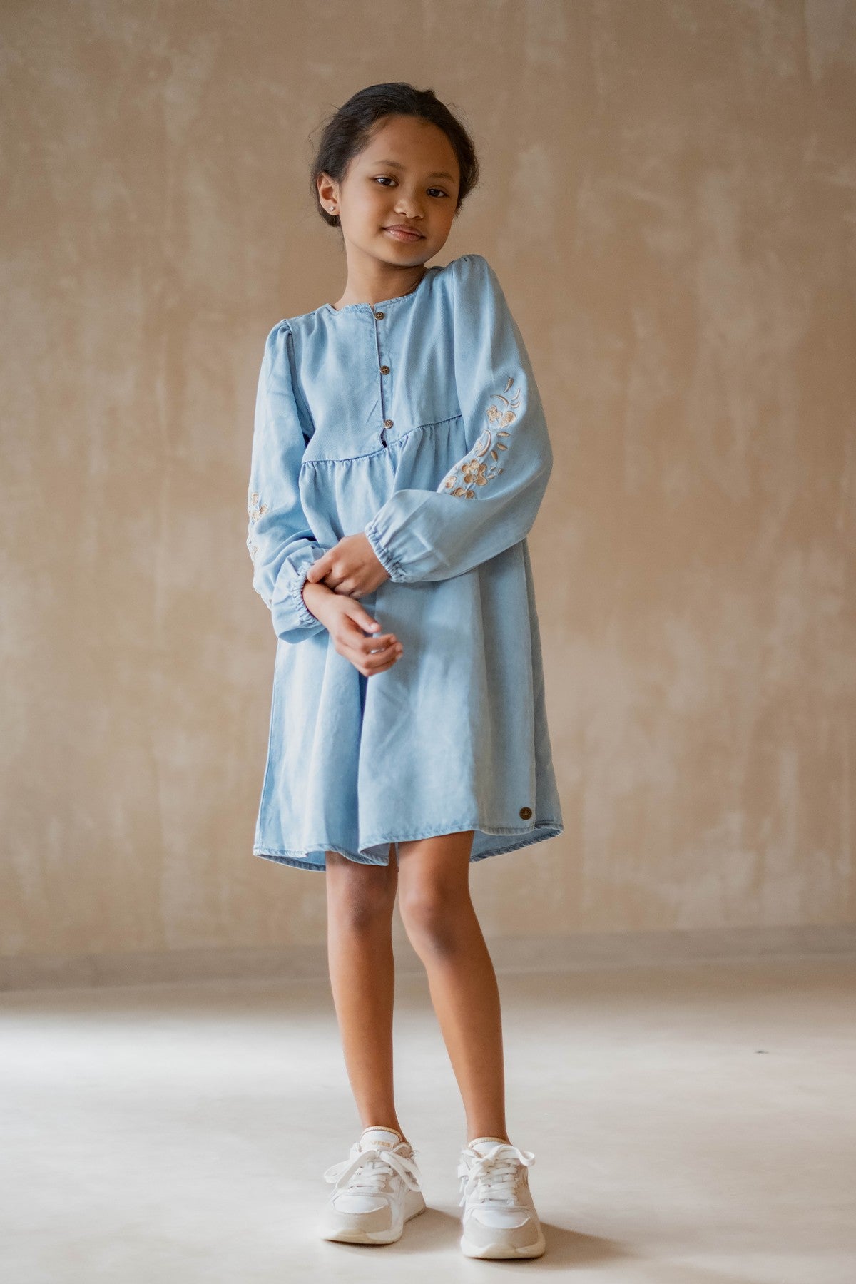Mischa Flo girls chambrey dress with embroidery at sleeve