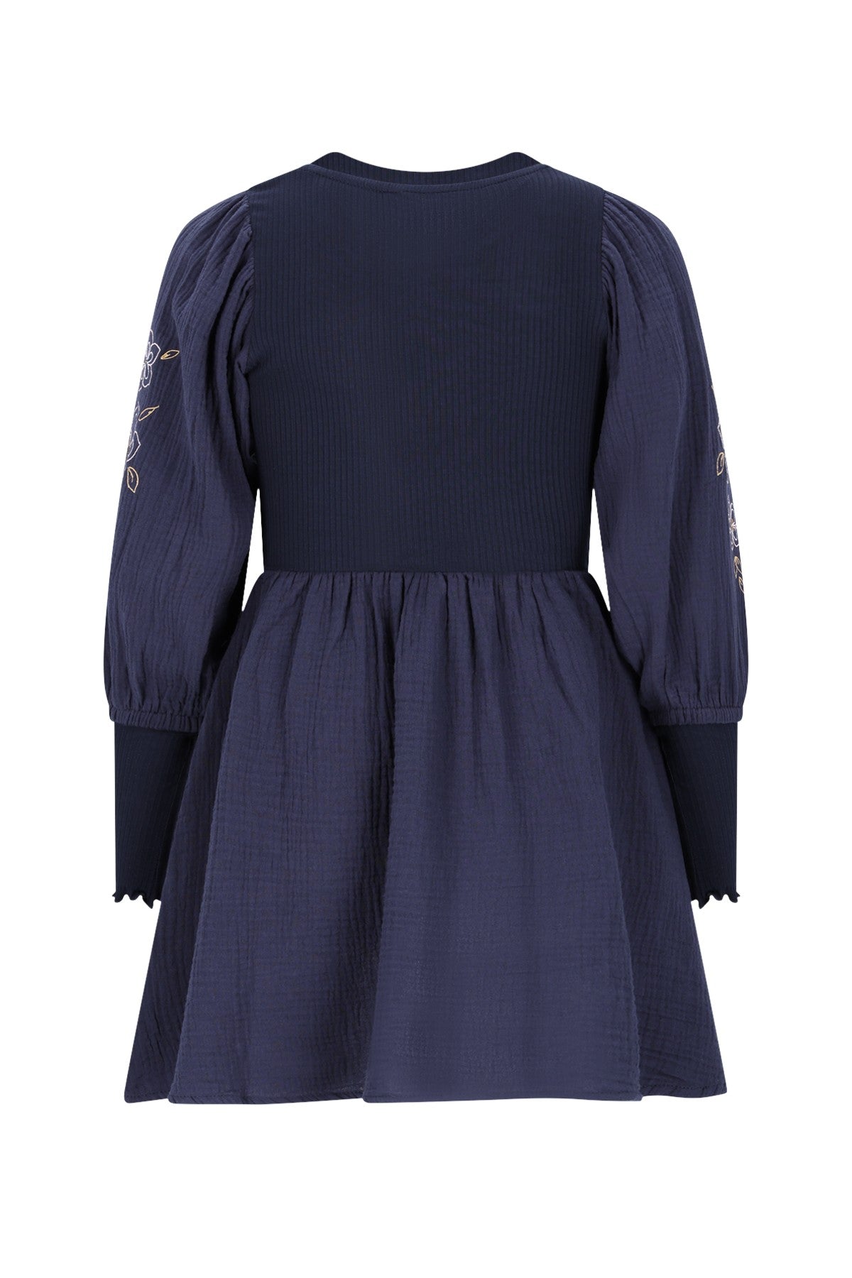 Maya Flo girls woven dress with balloon sleeves an rib body navy