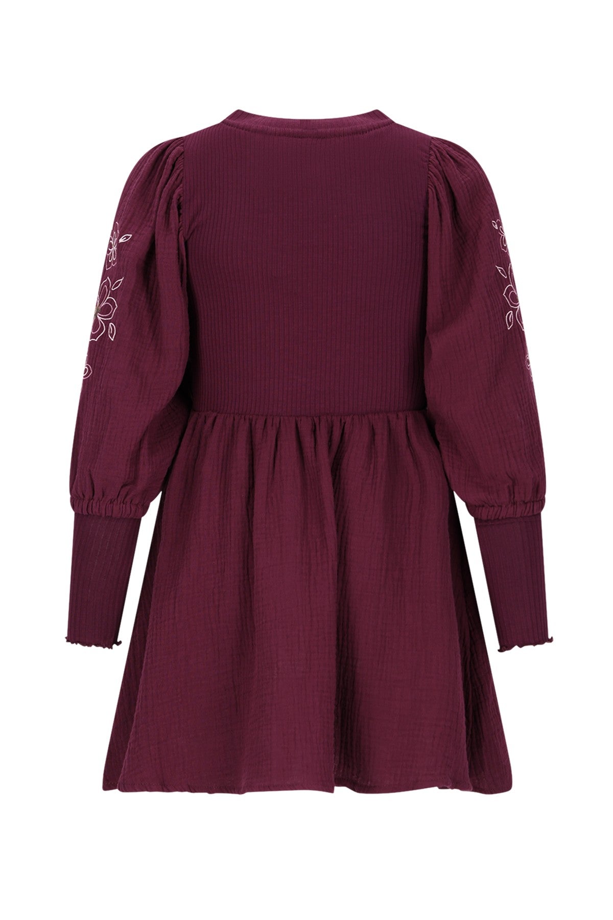 Maya Flo girls woven dress with balloon sleeves an rib body cherry