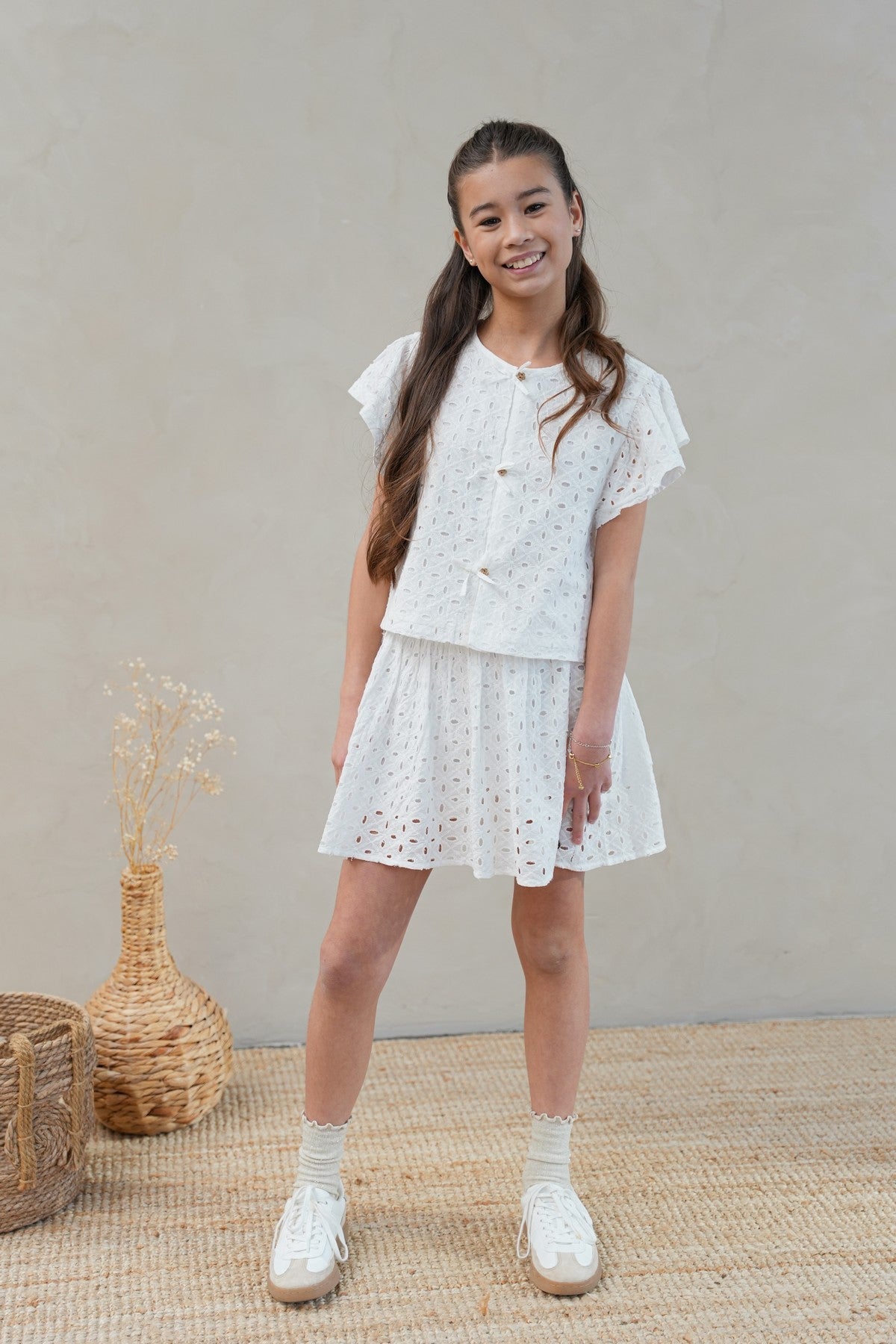 Charlotte Flo girls broderie anglaise blouse with fake bow closure