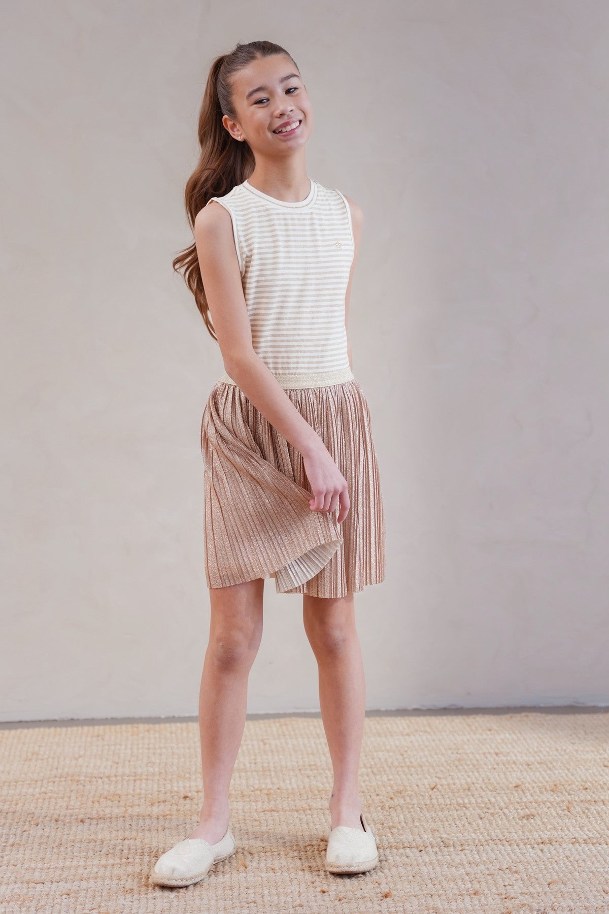 Minte Flo girls lurex stripe top with satin plisse skirt