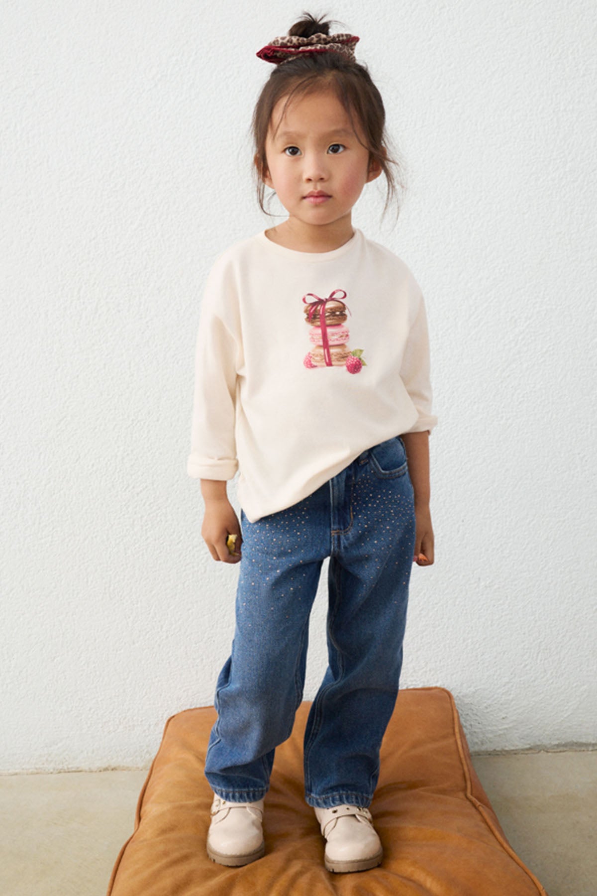 Printed long denim pants