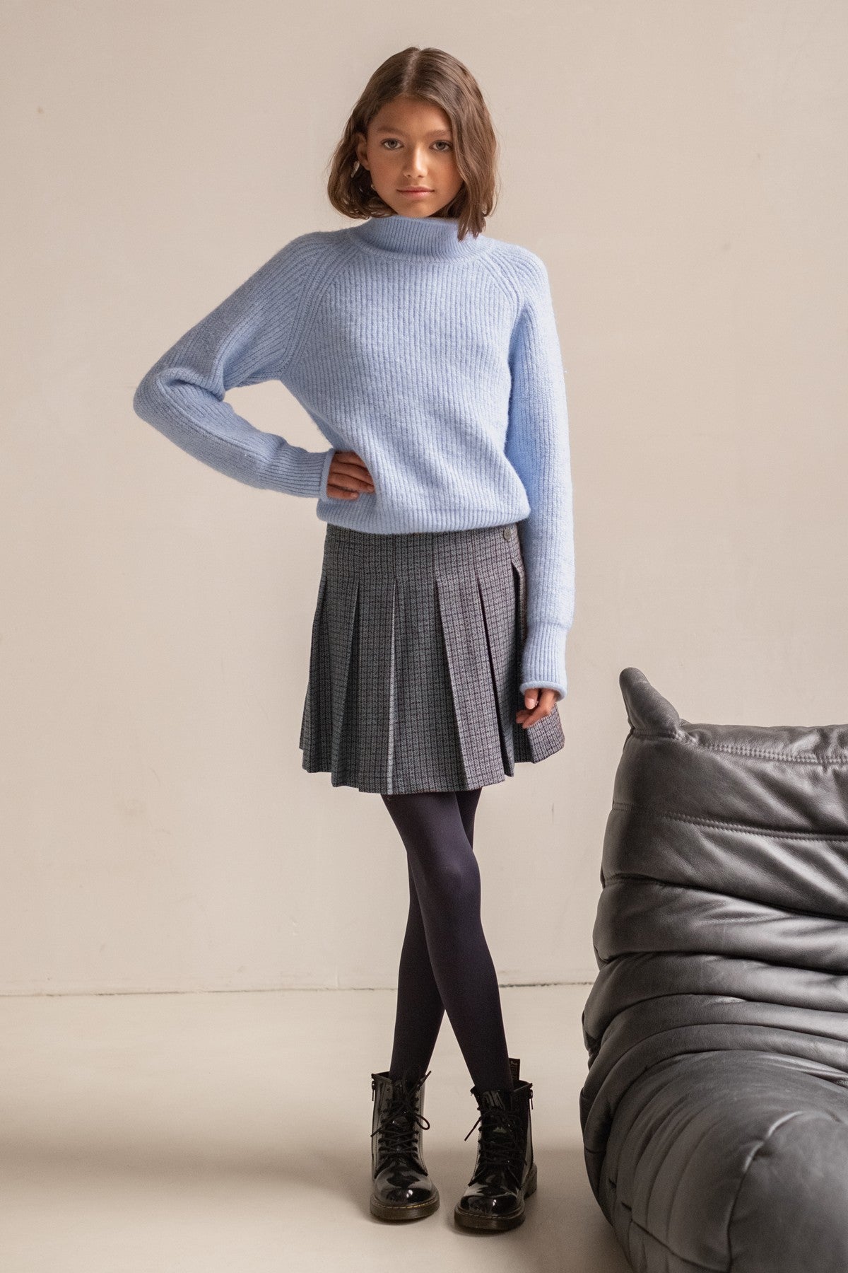 Daisy Like Flo Teens short knitted sweater, rok grijs geruit