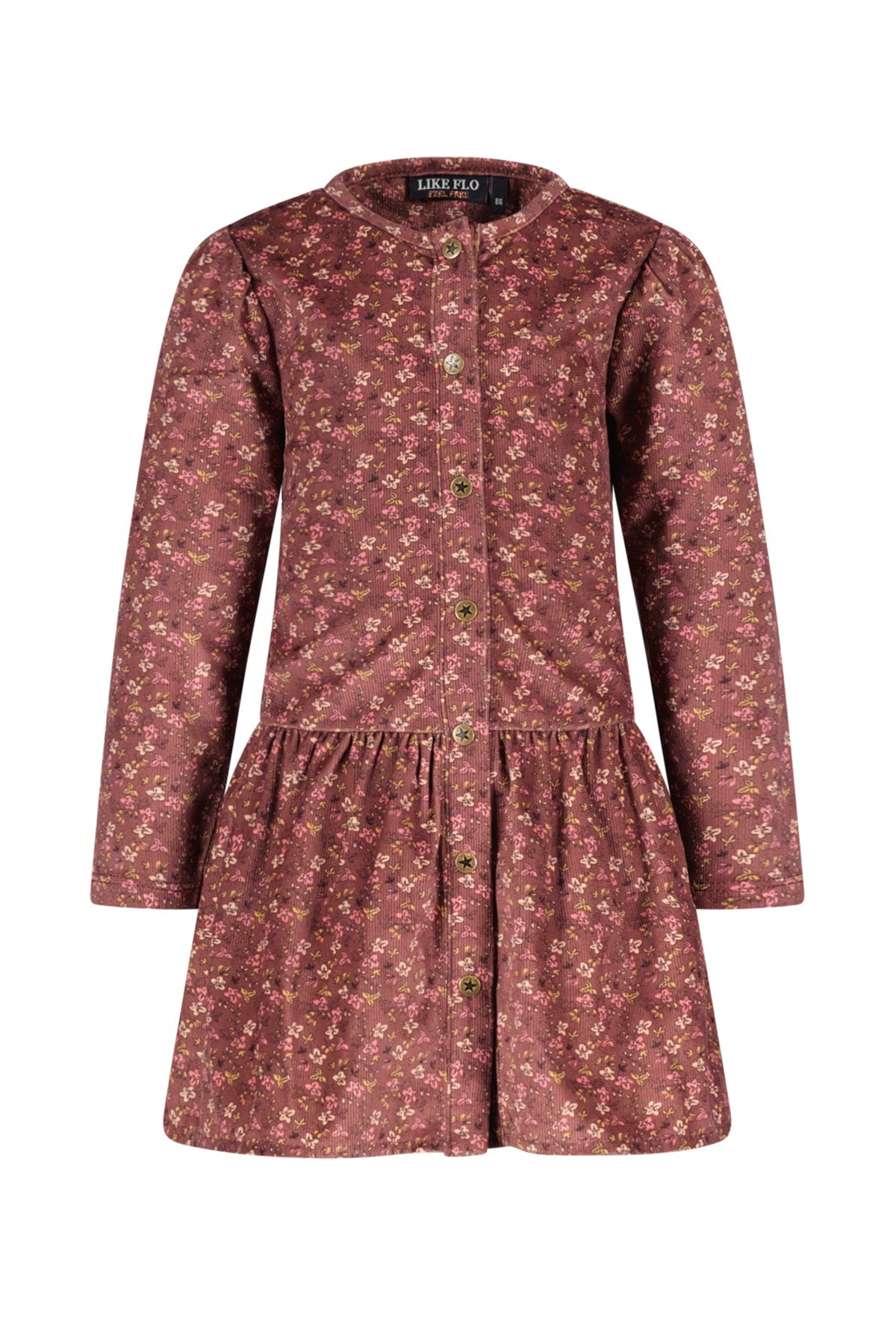 MINI Like Flo bloemen corduroy jurk met knopen vooraan bij sluiting.