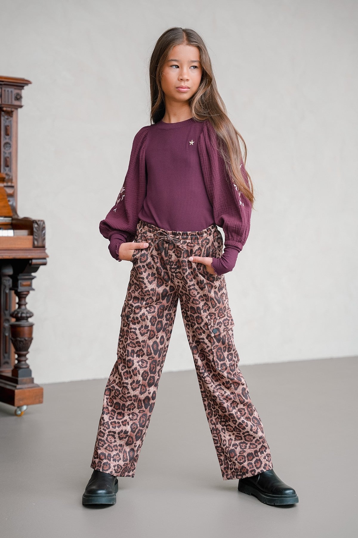 Eloise Flo girls top with rib body and balloon sleeves cherry