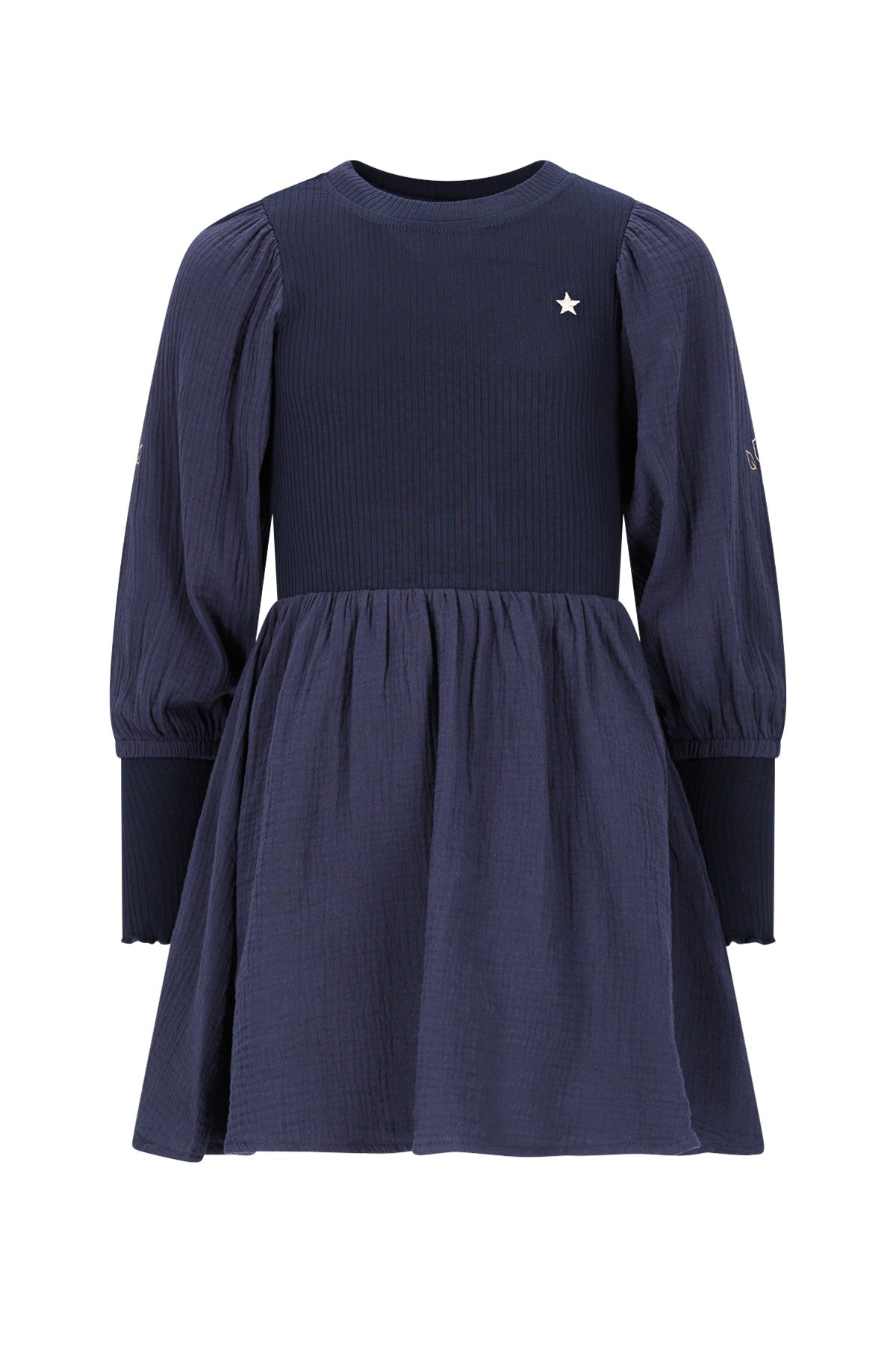Maya Flo girls woven dress with balloon sleeves an rib body navy