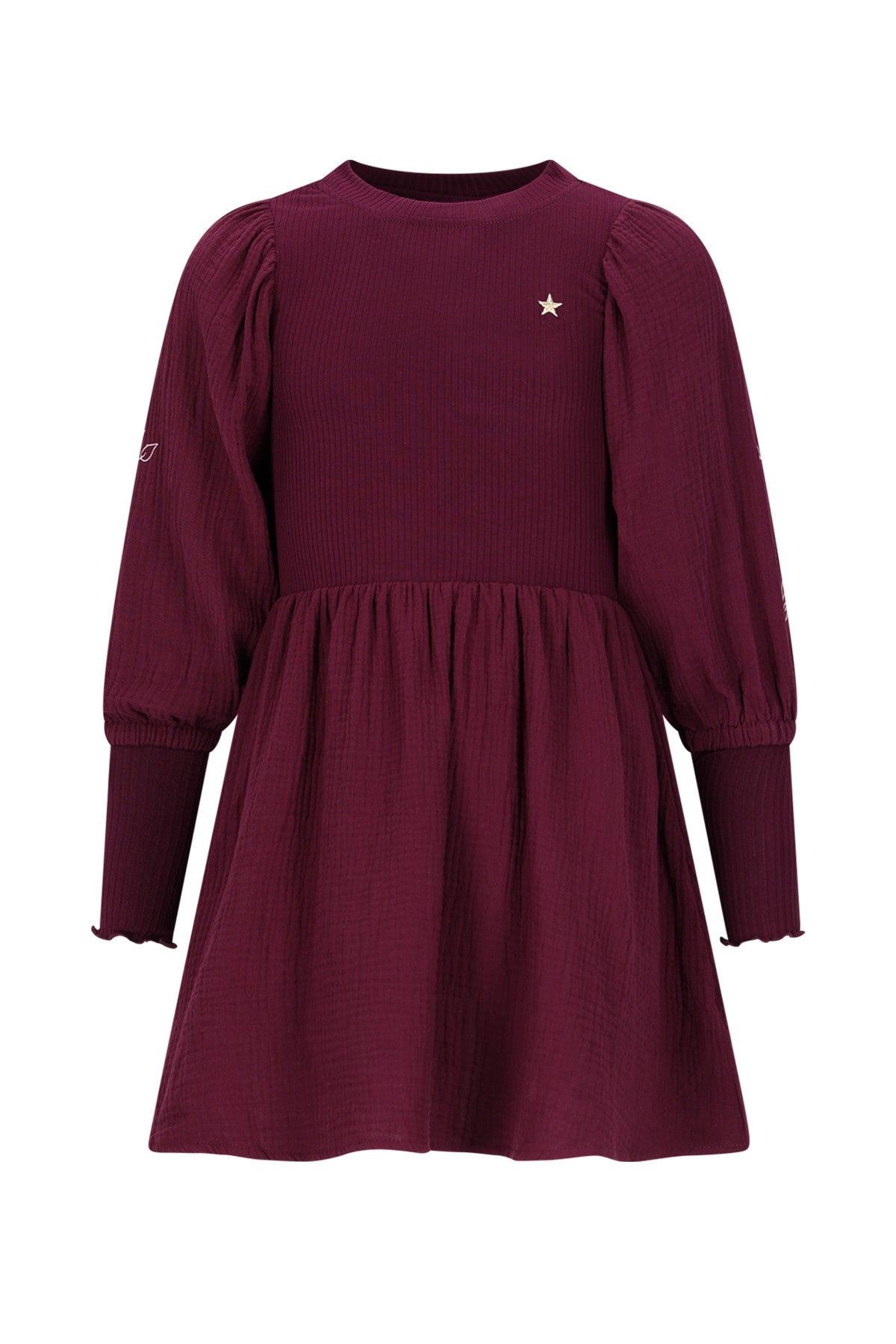 Maya Flo girls woven dress with balloon sleeves an rib body cherry