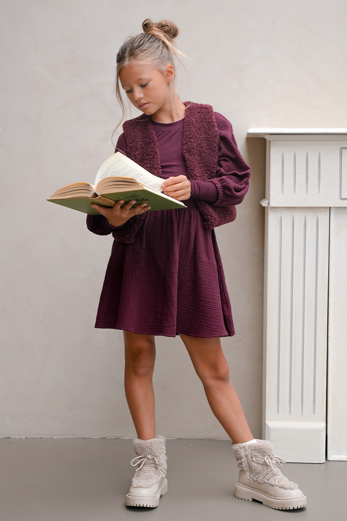 Maya Flo girls woven dress with balloon sleeves an rib body cherry